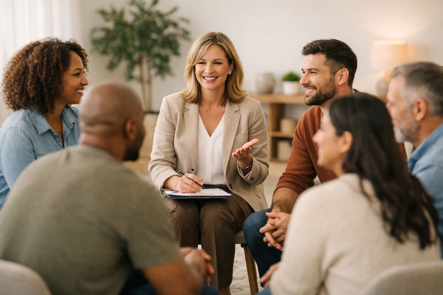 Psychologist leading a group therapy session with diverse adults in a bright room